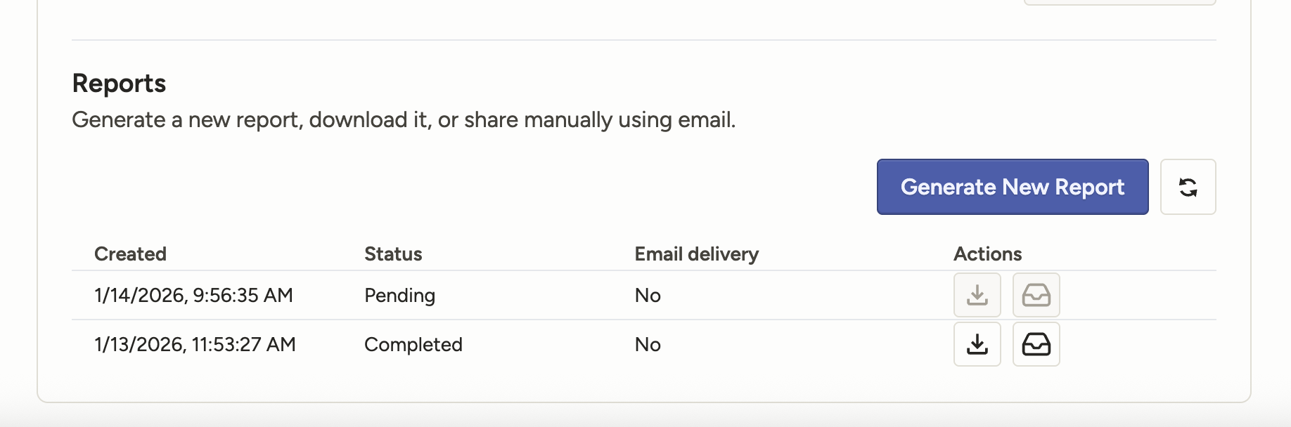 Screenshot of support reports page